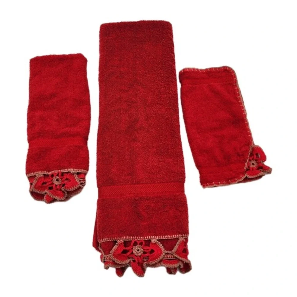 Vintage Sears Cotron Red Towel Set 3pc Floral Crochet Scalloped Edge Mid Century